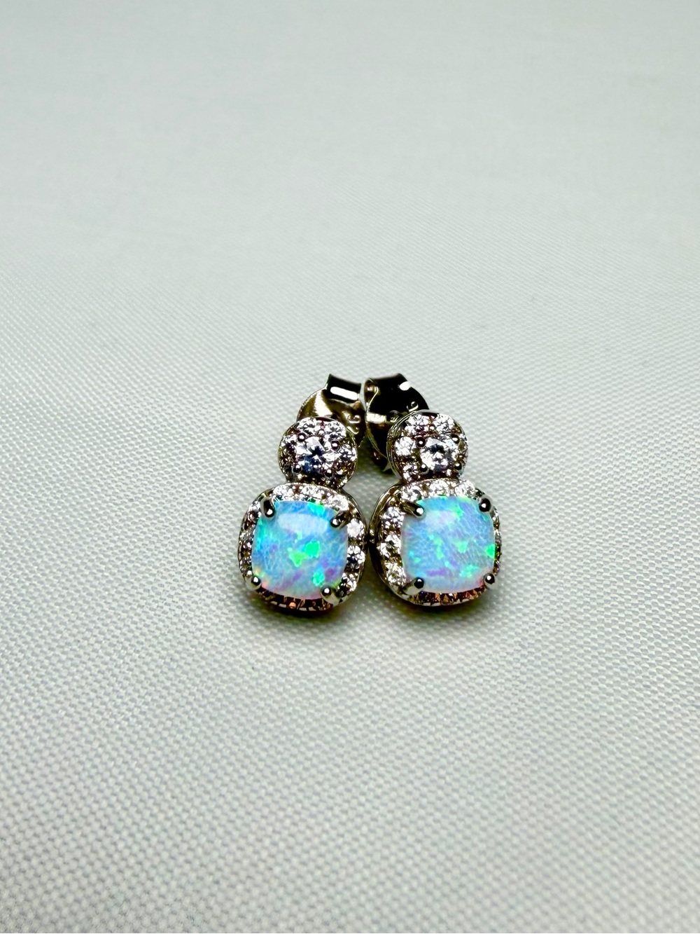 Lab Opal CZ Halo Drop Stud Earrings 5mm Cushion 0.47ctw Solid 925 Sterling